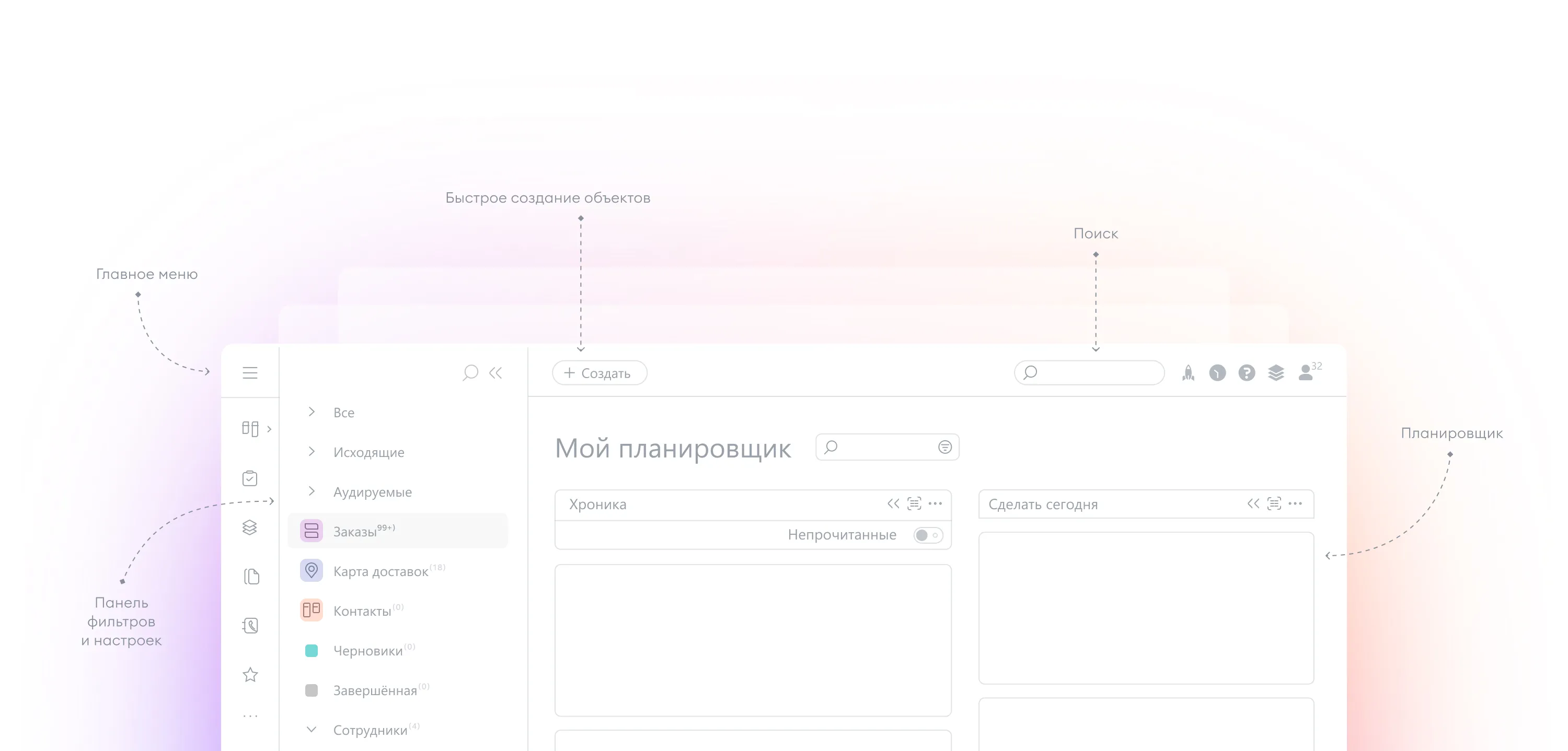 Рабочее место в PlanFix: главное меню, планировщик, поиск и панель фильтров