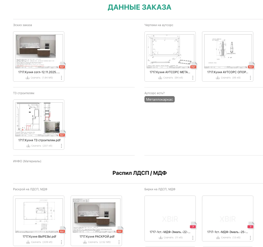 Карточка заказа в PlanFix: эскиз, чертежи на аутсорс, ТЗ строителям, раскрой ЛДСП и бирки